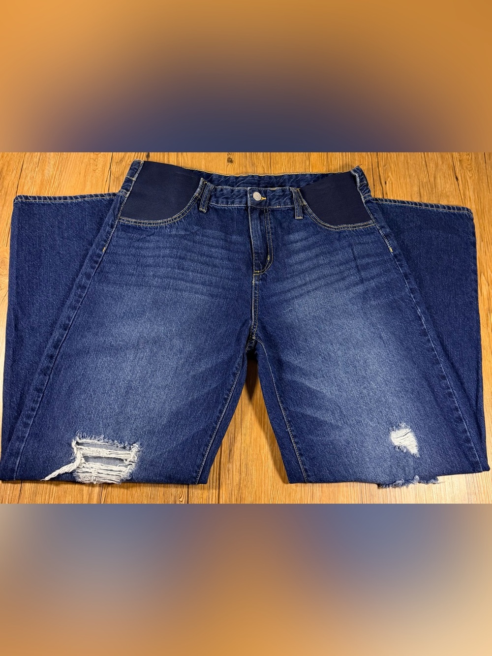 S.O.N.G. Maternity Jeans Size L Distressed Flare Bootcut Dark Wash Stretch Waist
